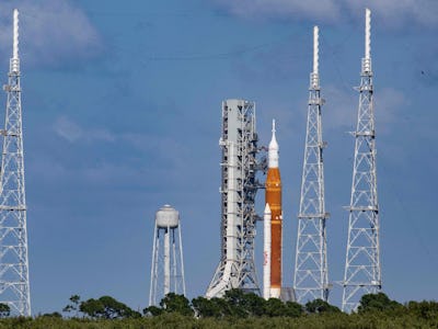 The Artemis I unmanned lunar rocket sits on launch pad 39B at NASA's Kennedy Space Center in Cape Ca...