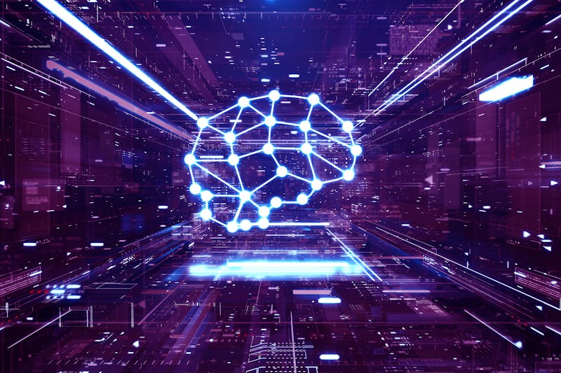Digital generated image of glowing dots connected into brain icon inside abstract digital space.