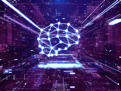 Digital generated image of glowing dots connected into brain icon inside abstract digital space.