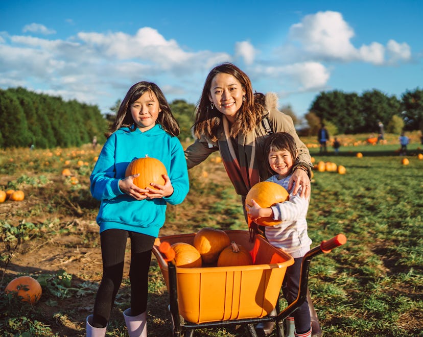 A mom and two kids smile at the camera in a pumpkin patch, holding pumpkins the kids picked, one of ...