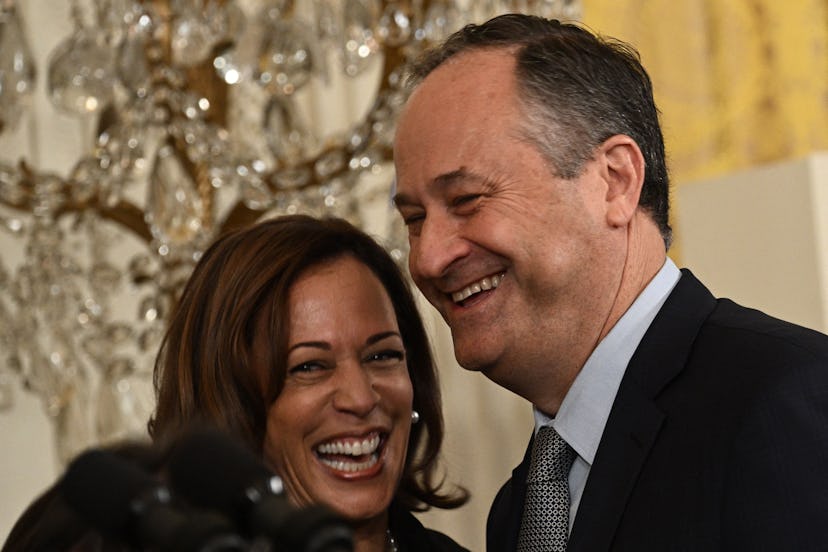 US Vice President Kamala Harris and Second Gentleman Doug Emhoff attend a reception to celebrate the...