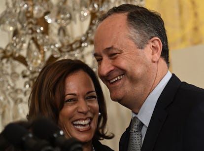 US Vice President Kamala Harris and Second Gentleman Doug Emhoff attend a reception to celebrate the...