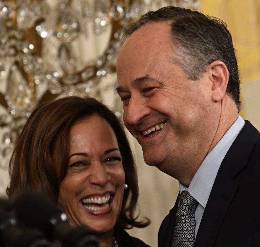 US Vice President Kamala Harris and Second Gentleman Doug Emhoff attend a reception to celebrate the...