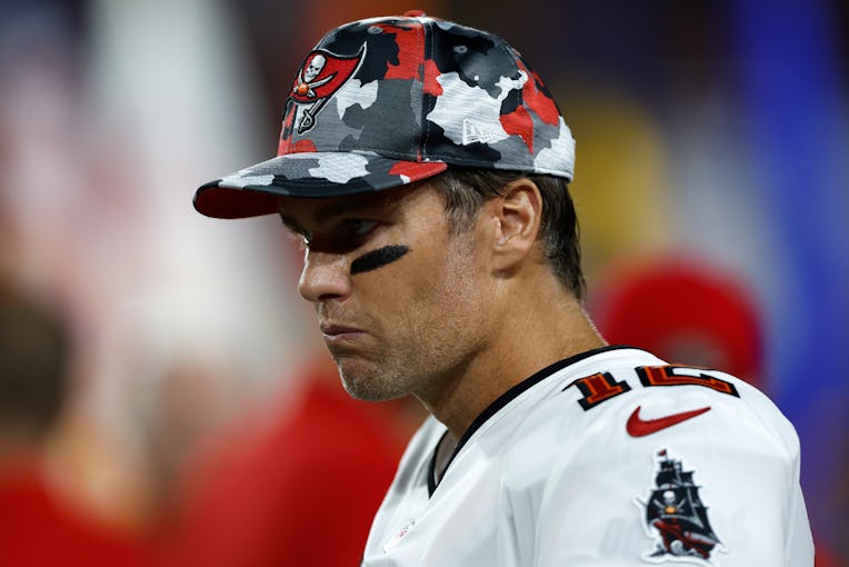 TAMPA, FLORIDA - OCTOBER 02: Tom Brady #12 of the Tampa Bay Buccaneers looks on prior to the game ag...