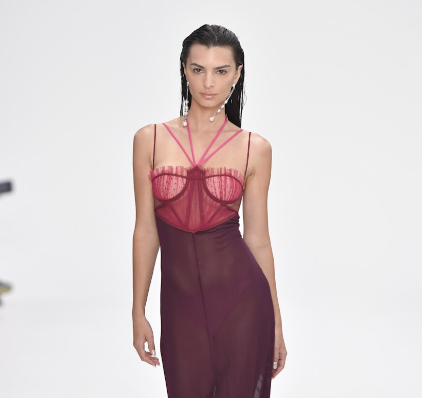 Emily Ratajkowski wearing a sheer dress from Nensi Dojaka.