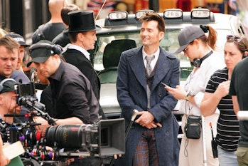 David Tennant (centre) and Neil Patrick Harris (centre-left) during filming of Doctor Who in Bristol...