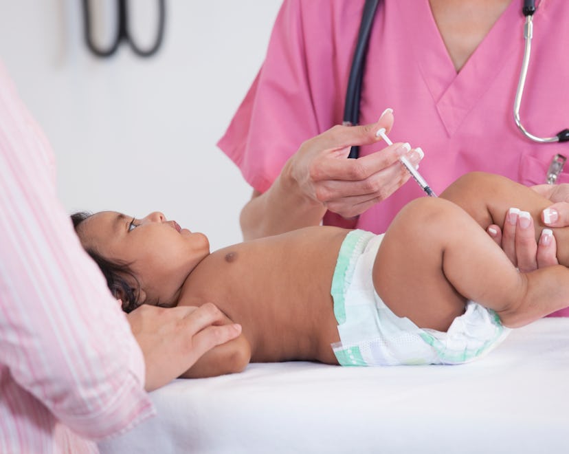 infant getting an injection on leg, all about RSV shot synagis