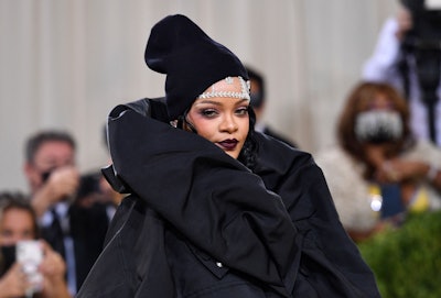 TOPSHOT - Barbadian singer Rihanna arrives for the 2021 Met Gala at the Metropolitan Museum of Art o...