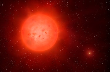 Proxima and Alpha Centauri, illustration. Proxima is the nearest star to the Sun. It is a dim red dw...