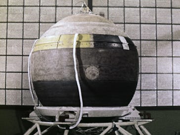 Descent capsule of soviet space probe venera 4 in the last stages of preparation before it's flight,...