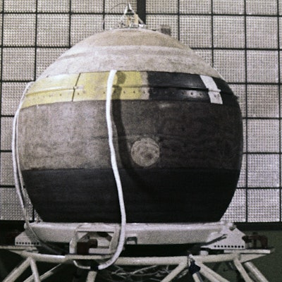 Descent capsule of soviet space probe venera 4 in the last stages of preparation before it's flight,...