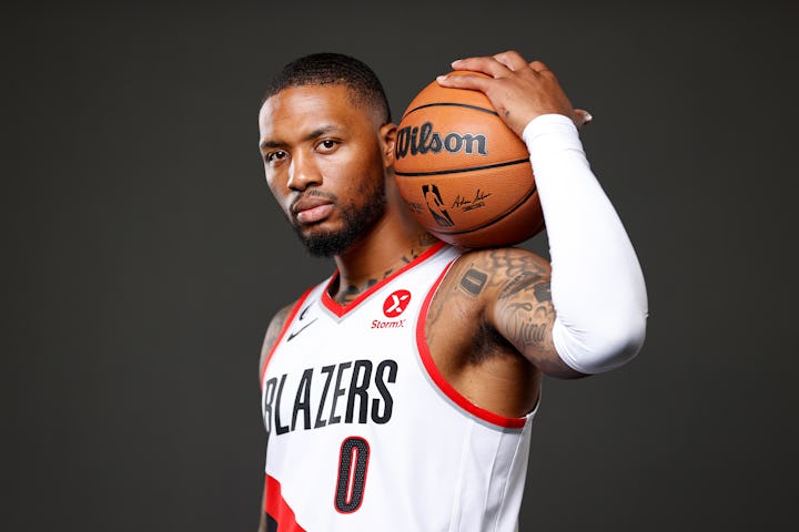 PORTLAND, OREGON - SEPTEMBER 26: Damian Lillard #0 of the Portland Trail Blazers poses for a portrai...