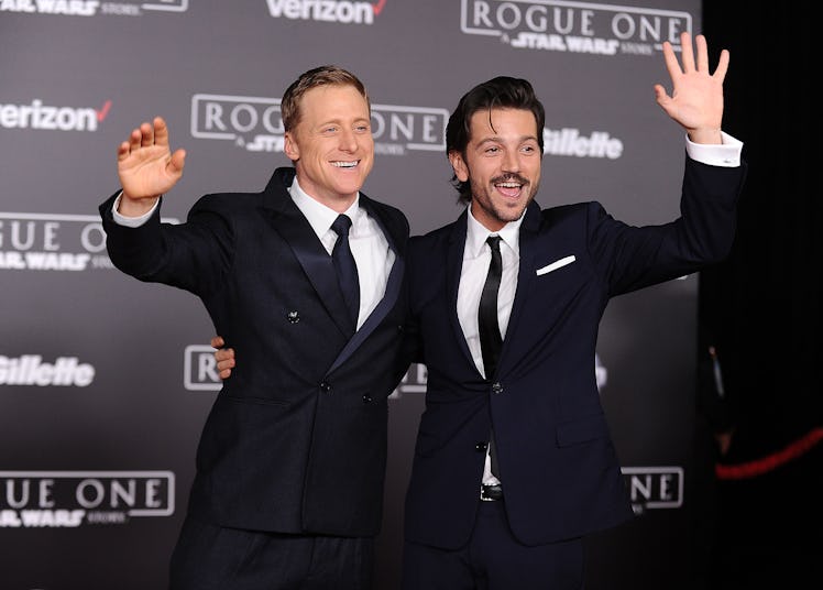 Actors Alan Tudyk and Diego Luna attend the premiere of "Rogue One: A Star Wars Story" at the Pantag...