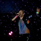 British singer Chris Martin of British band Coldplay performs on the main stage during Rock in Rio m...
