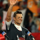 TAMPA, FLORIDA - FEBRUARY 07: Tom Brady #12 of the Tampa Bay Buccaneers celebrates after defeating t...