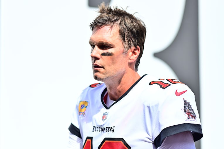 TAMPA, FLORIDA - OCTOBER 09: Tom Brady #12 of the Tampa Bay Buccaneers looks on during the first hal...