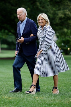 Jill Biden wearing a striped shirtdress.