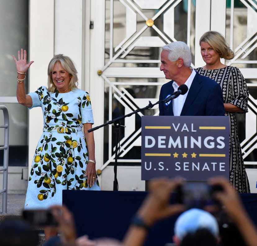 Jill Biden wearing a lemon print dress from Oscar de la Renta.