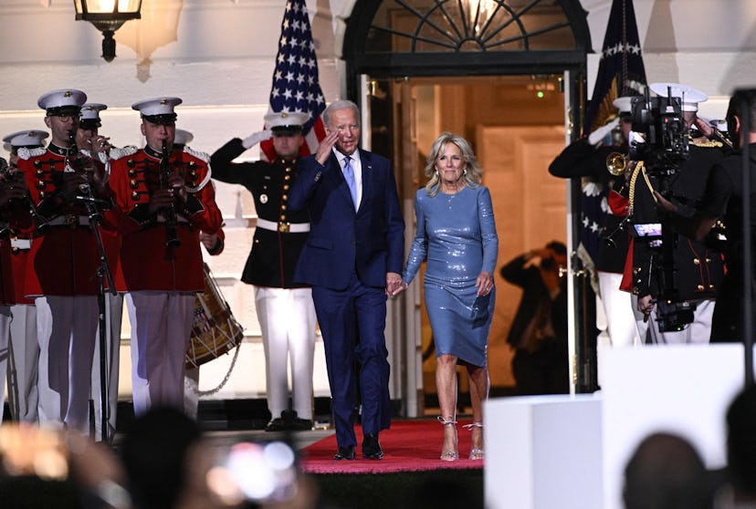 Jill Biden wearing a lavender sequin dress from Ralph Lauren Collection.