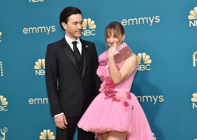 US actress Kaley Cuoco and boyfriend Tom Pelphrey arrive for the 74th Emmy Awards at the Microsoft T...