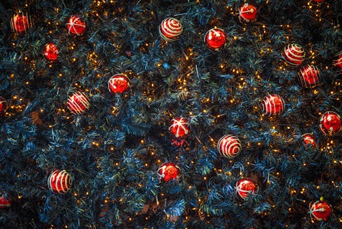 Holiday decorations on a christmas tree