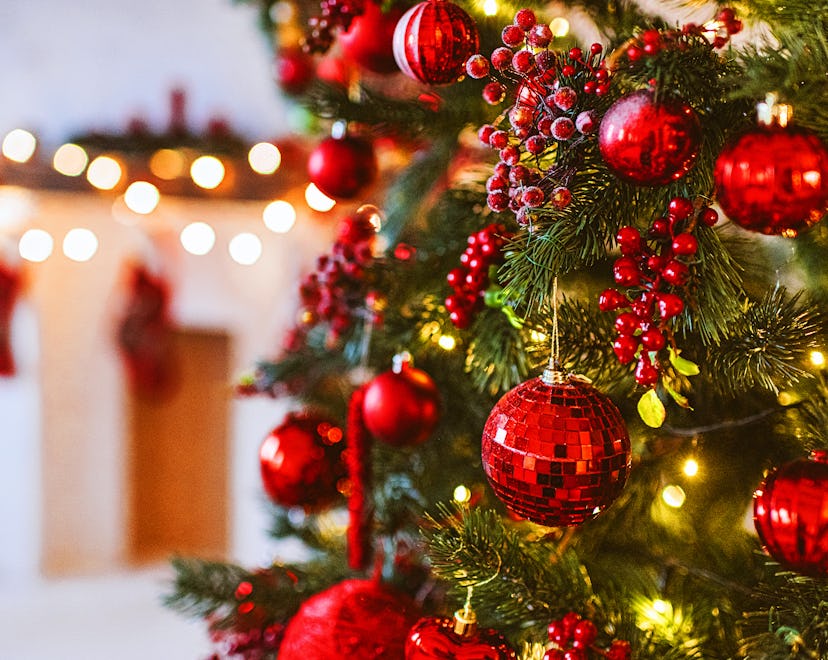 Red Christmas tree and fireplace decoration, Merry Christmas and Happy New year, red and white Chris...