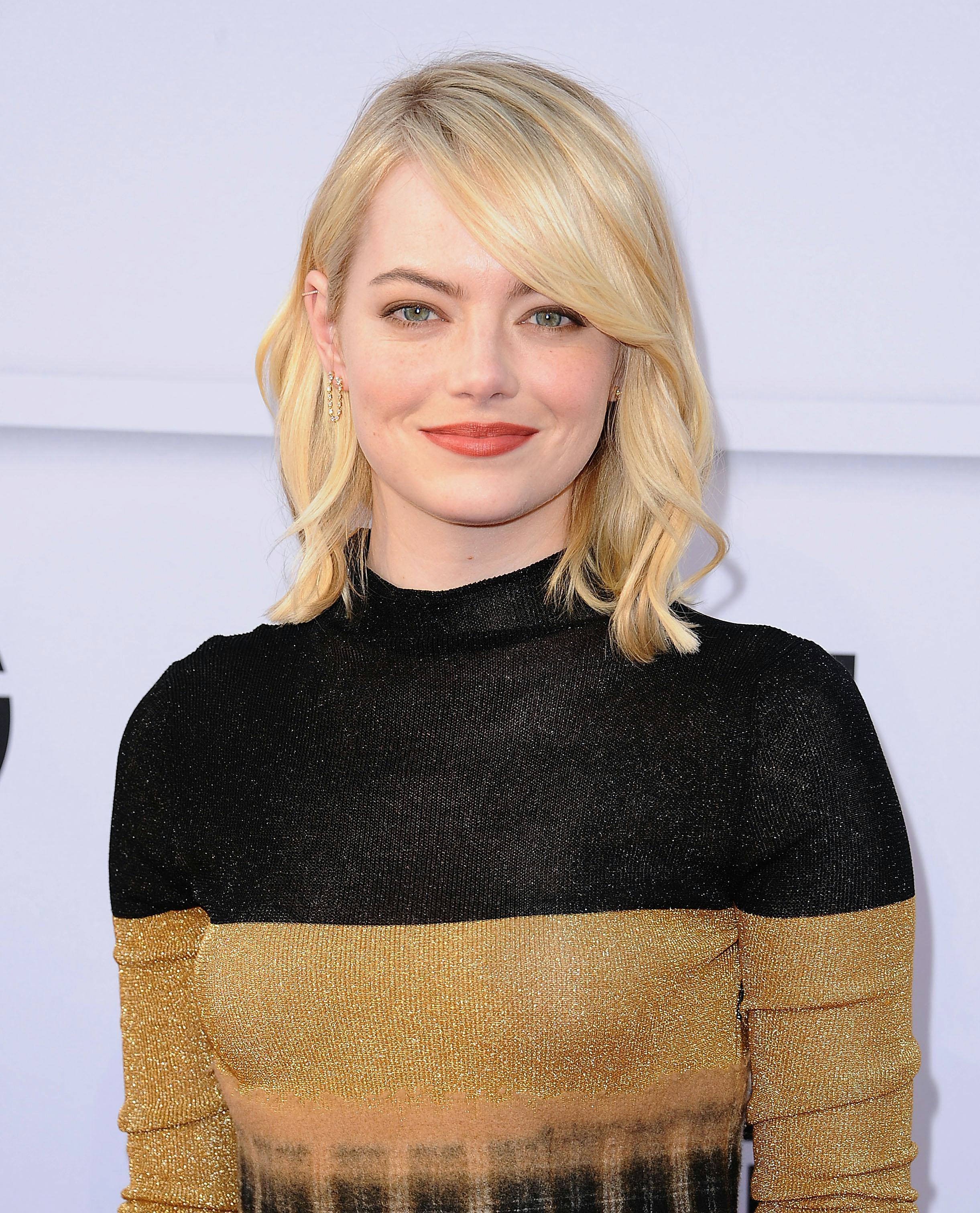 Emma Stone wears side bangs to the AFI Life Achievement Award gala at Dolby Theatre on June 8, 2017.
