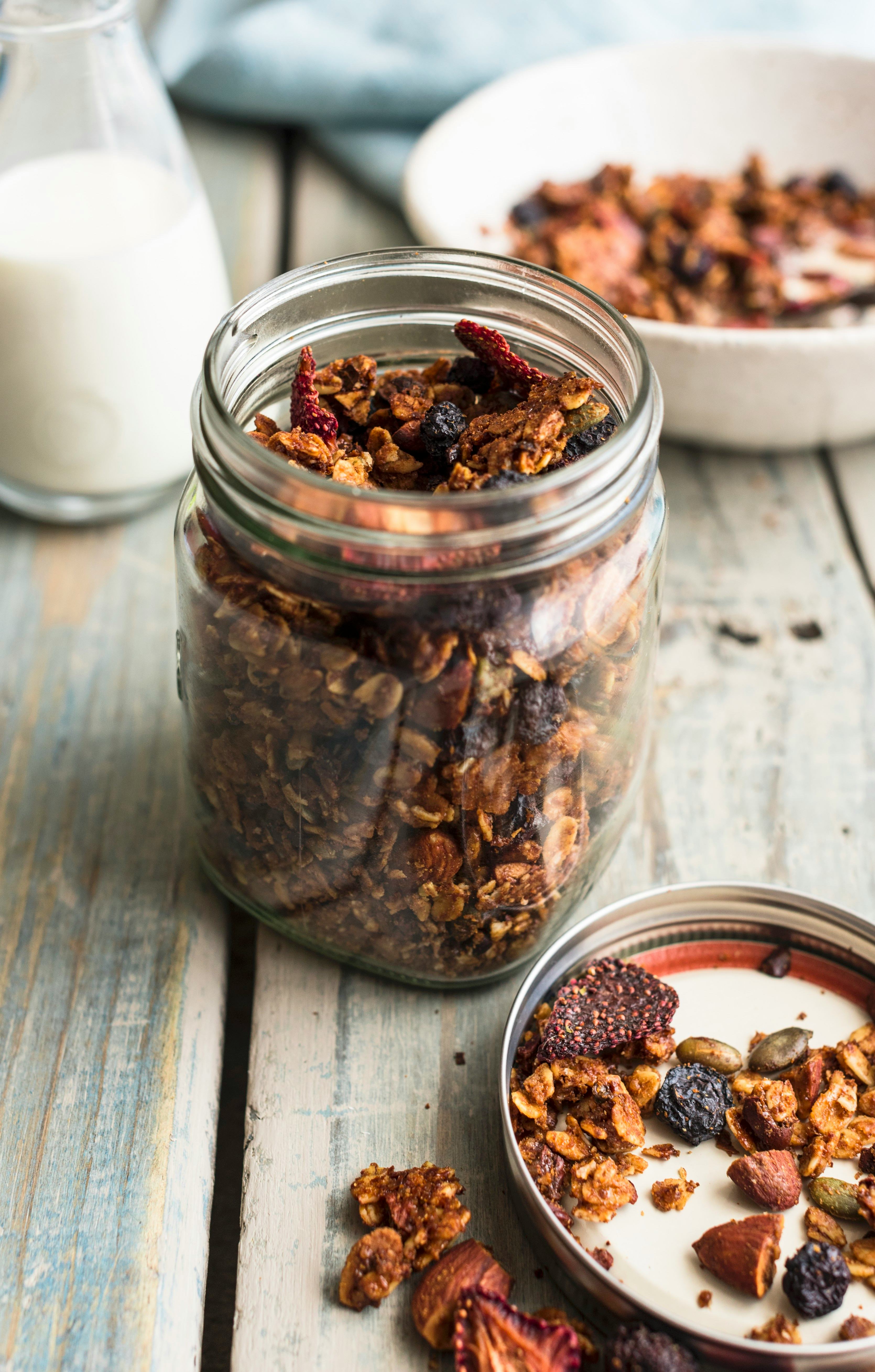Granola with cocoa beans and dried fruit