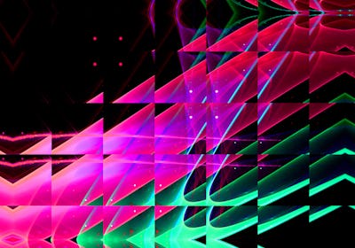 Pink and green triangles spread out on the black background