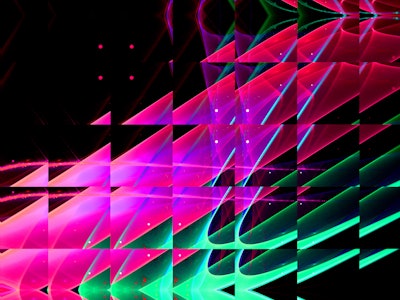 Pink and green triangles spread out on the black background