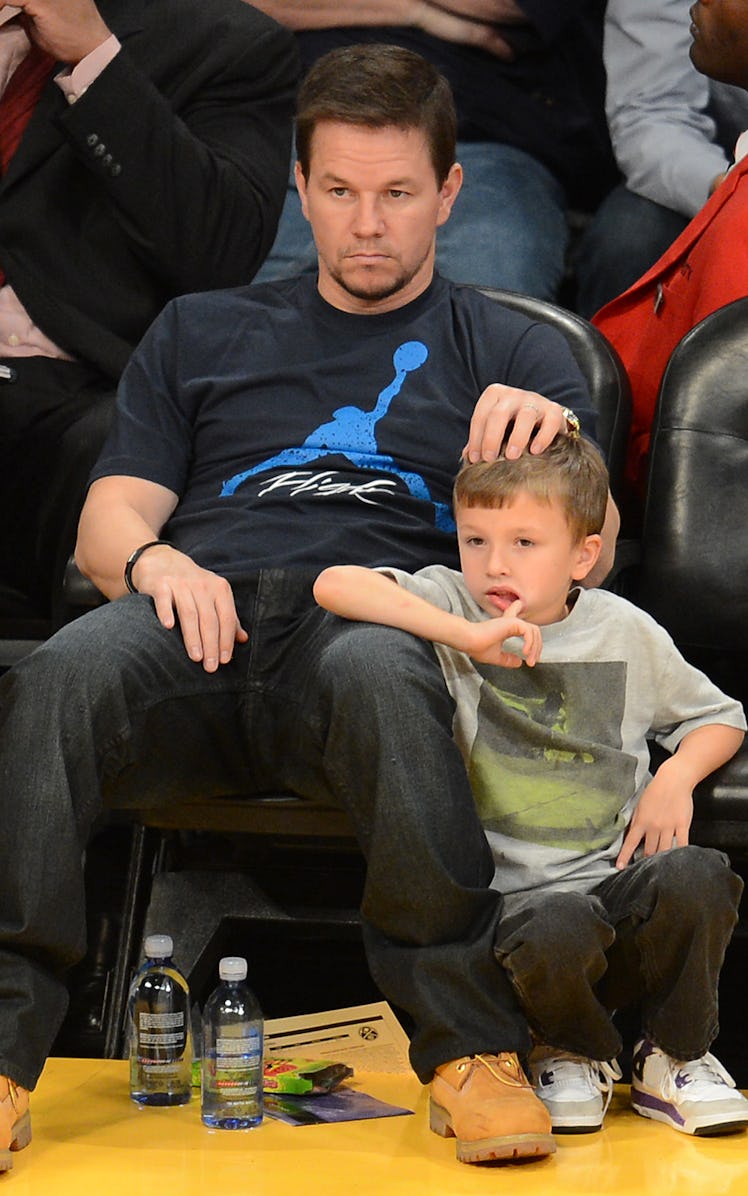 Actor Mark Wahlberg attends an NBA game between the Denver Nuggets and the Los Angeles Lakers with h...