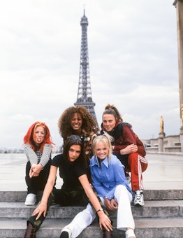 The Spice Girls in front of the Eiffel Tower.