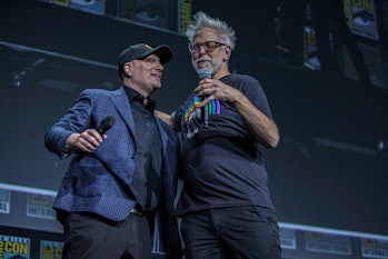 SAN DIEGO, CALIFORNIA - JULY 23: Kevin Feige (L) and James Gunn speak onstage at the Marvel Cinemati...