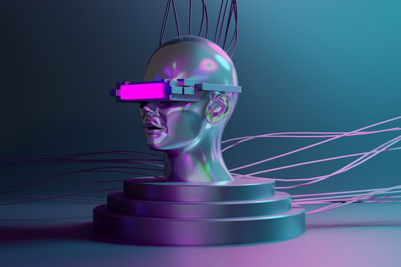 Metal human head model using VR pink glasses