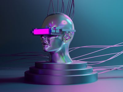 Metal human head model using VR pink glasses