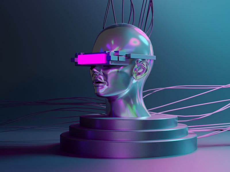 Metal human head model using VR pink glasses