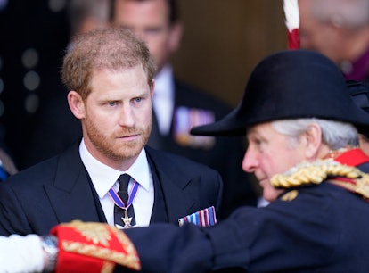 Britain's Prince Harry, Duke of Sussex, leaves after paying his respects at Westminster Hall, at the...