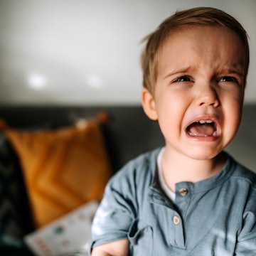 Portrait of cute crying toddler. A new study has found that toddlers' changing brains are the reason...