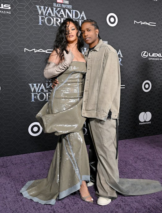 Rihanna and A$AP Rocky wear matching outfits and attend Marvel Studios' "Black Panther 2: Wakanda Fo...