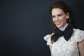 Hilary Swank opens up about why she waited until her late 40s to have kids. Here, she attends the Pr...