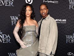 Rihanna and A$AP Rocky wore matching gray outfits at the 'Black Panther 2' premiere.