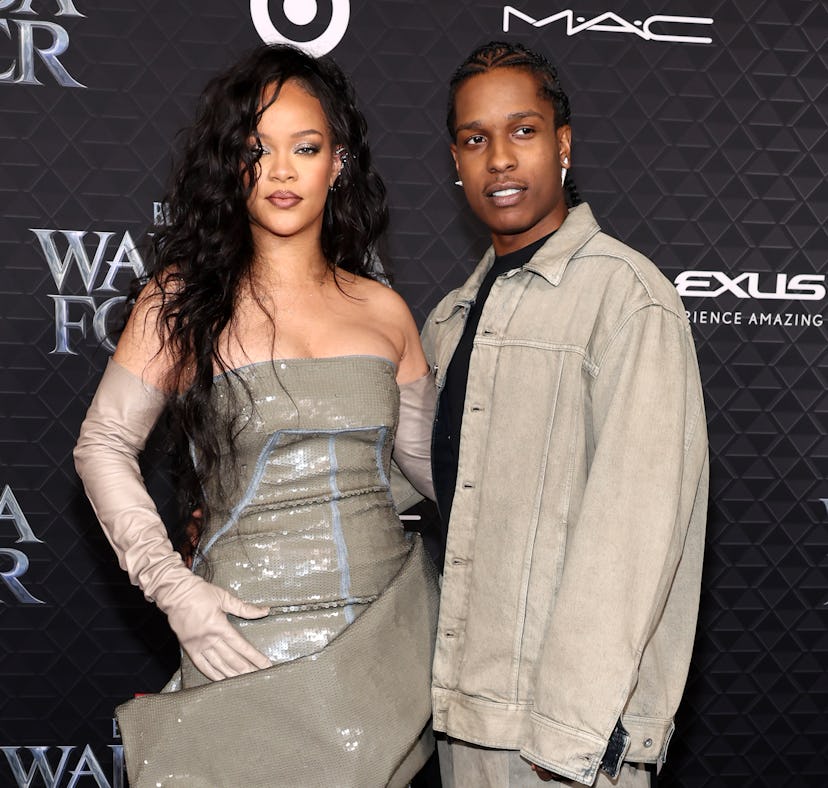 Rihanna and A$AP Rocky wore matching gray outfits at the 'Black Panther 2' premiere.