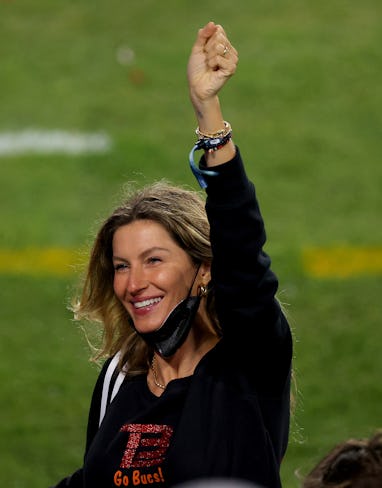 TAMPA, FLORIDA - FEBRUARY 07: Gisele Bundchen, wife of Tom Brady #12 of the Tampa Bay Buccaneers, ce...
