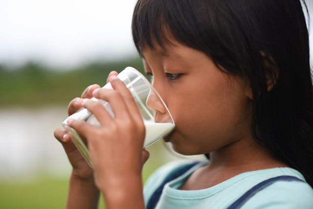 Little girl drinking milk in the park. A mom is in trouble this week for serving raw milk to her kid...