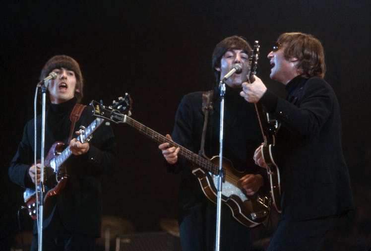 LONDON - MAY 1: (L-R) George Harrison (1943-2001), Paul McCartney and John Lennon (1940-1980) of The...