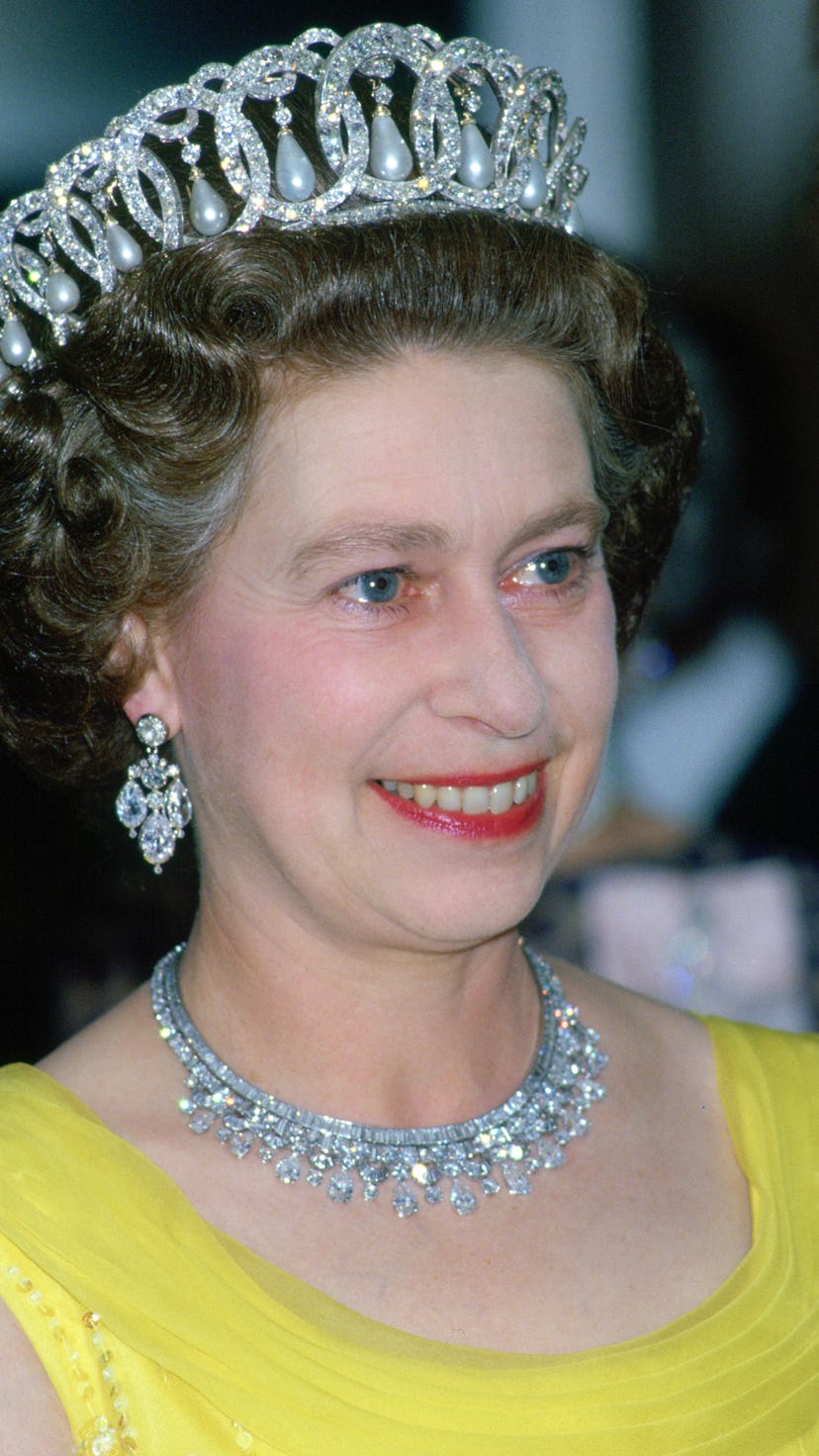Queen Elizabeth wearing a tiara, one of the royal family's many crown jewels.