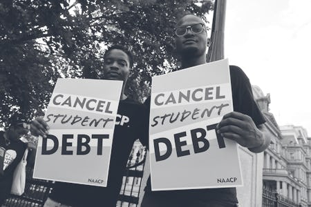 WASHINGTON, DC - AUGUST 25: Student loan borrowers stage a rally in front of The White House to cele...