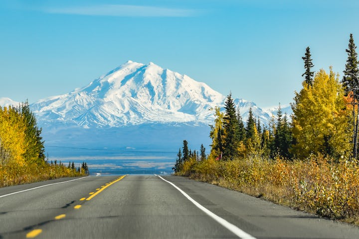 Mount Drum looms in the distance while traveling down the Glenn Highway, on this Fall day in Interi...