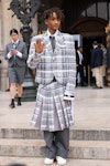 Wearing fall 2022 fashion trends for green auras, Jaden Smith is seen on day eight of Paris Fashion ...