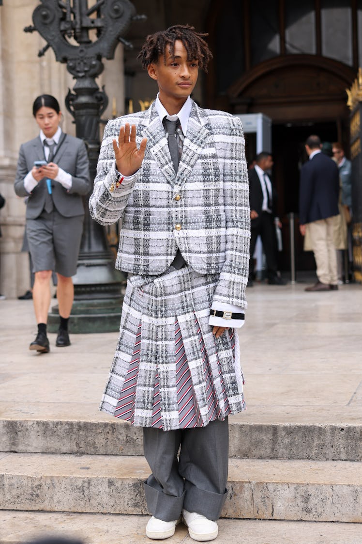Wearing fall 2022 fashion trends for green auras, Jaden Smith is seen on day eight of Paris Fashion ...
